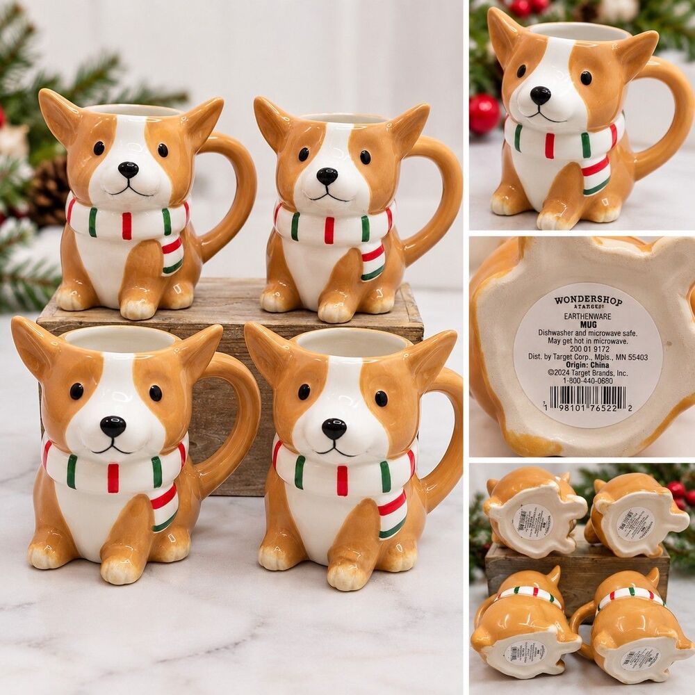 Wondershop Target Corgi Dog Christmas Mugs Set of 4 Holiday Earthenware 2024